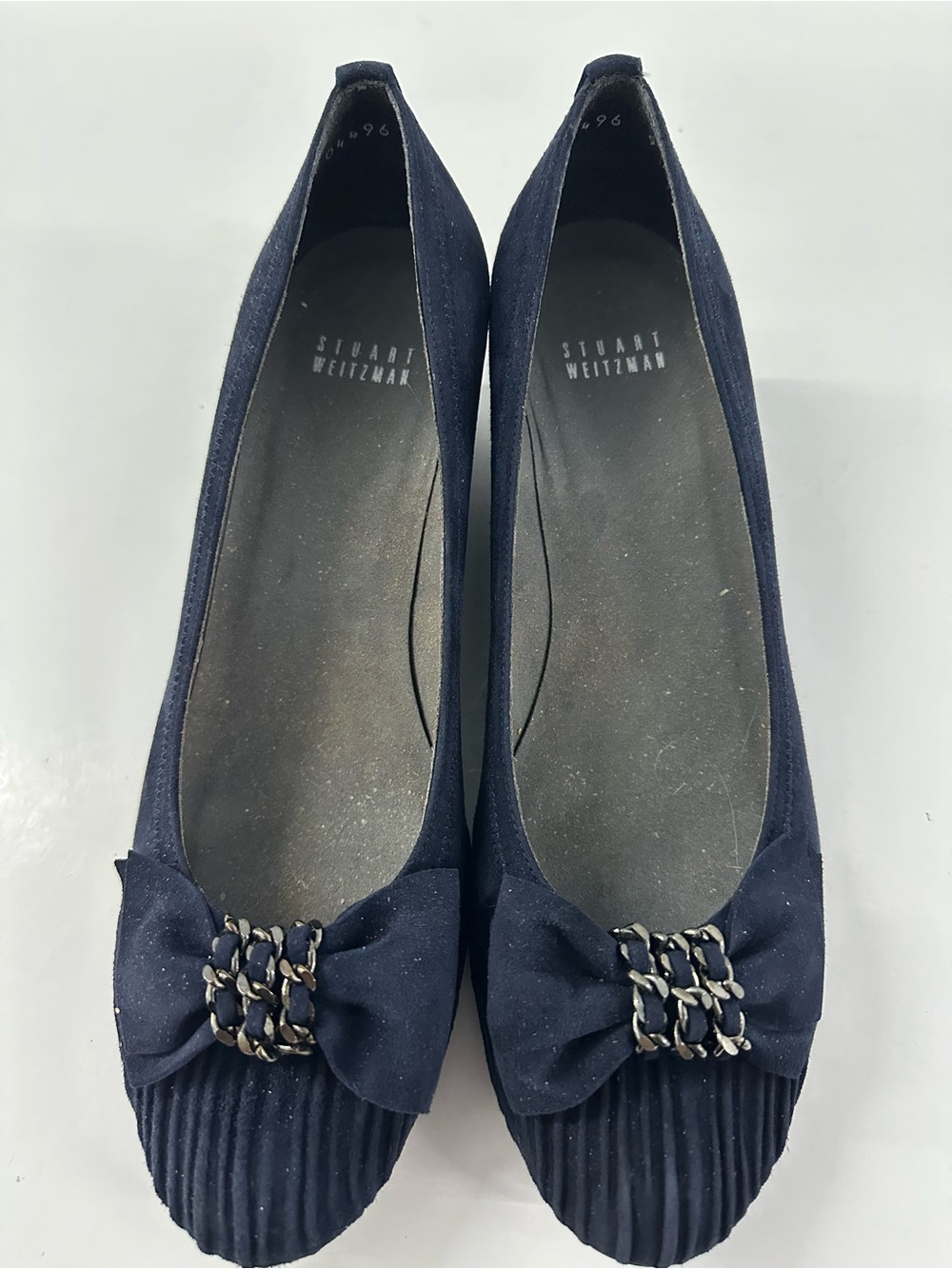 Stuart Weitzman Navy Suede Bow Chain-Trim Wedge Flats